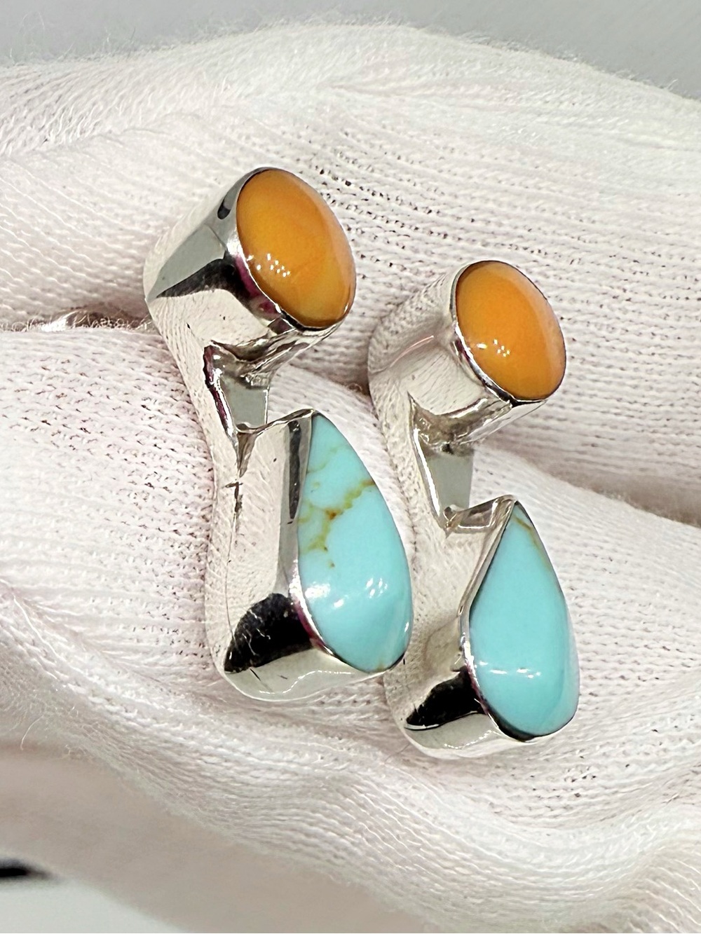 Native American Sterling Silver Teardrop Turquoise & Orange Coral Drop Earrings - Picture 10 of 12